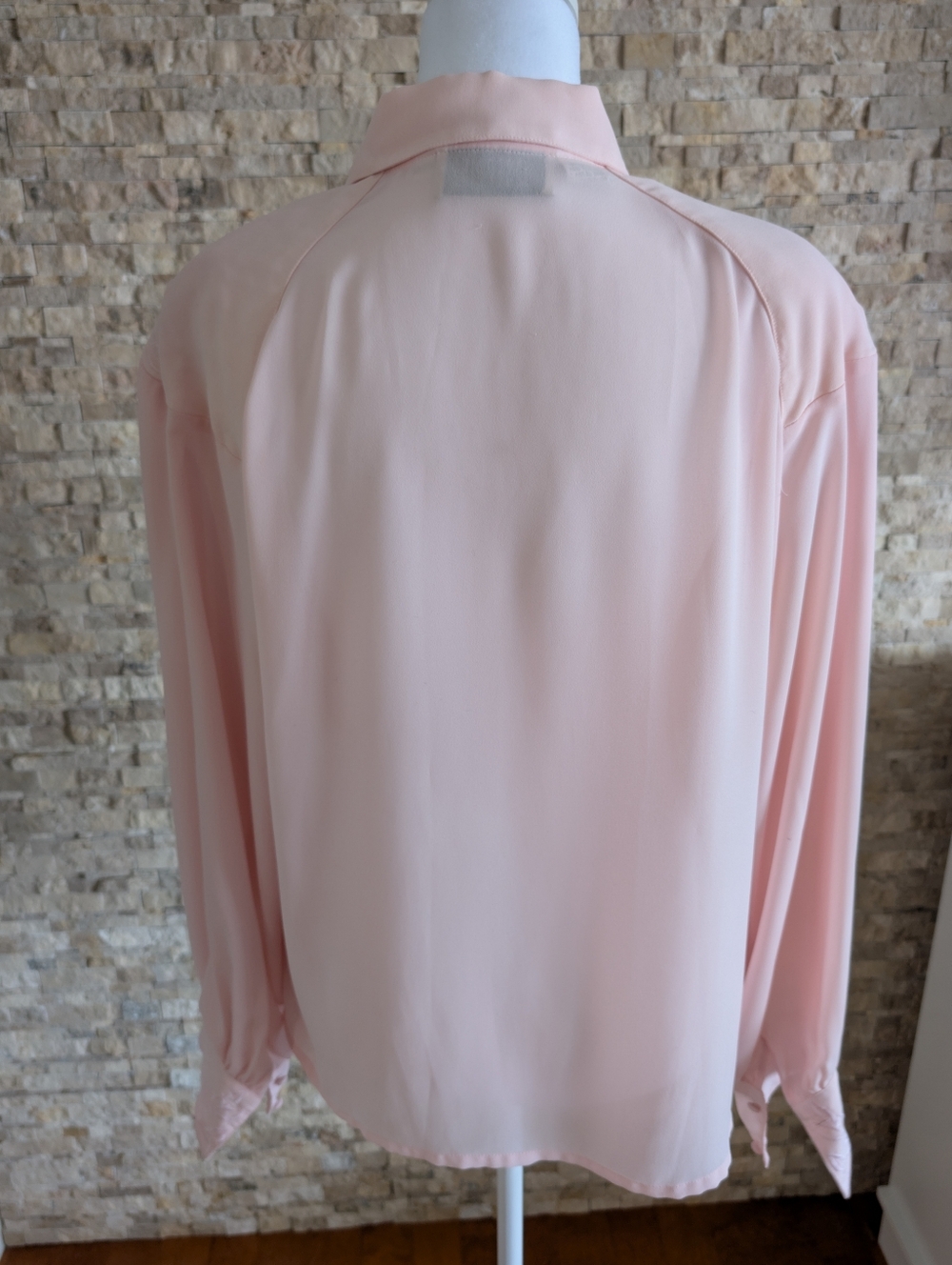 Vintage 80s Blush Pink Chiffon Pleated Floral Embroidery Collar Blouse Sz 14 XL image 3